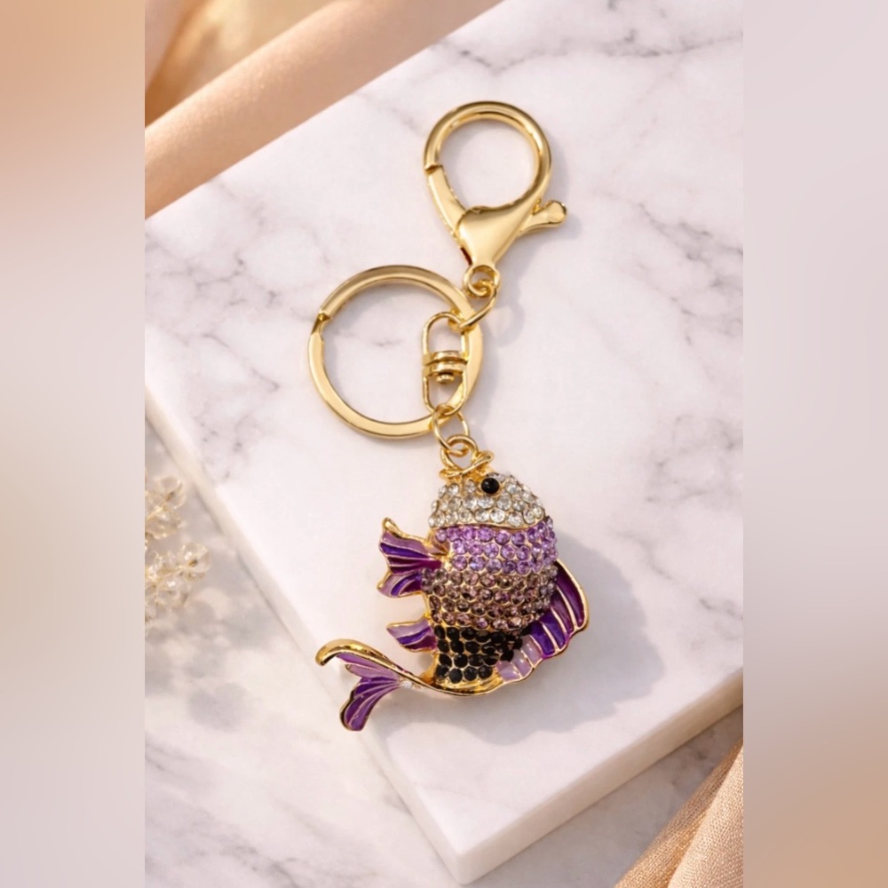 Purple Rhinestone Fish Bag Charm Keychain – Handbag Purse Accessory - Picture 2 of 3